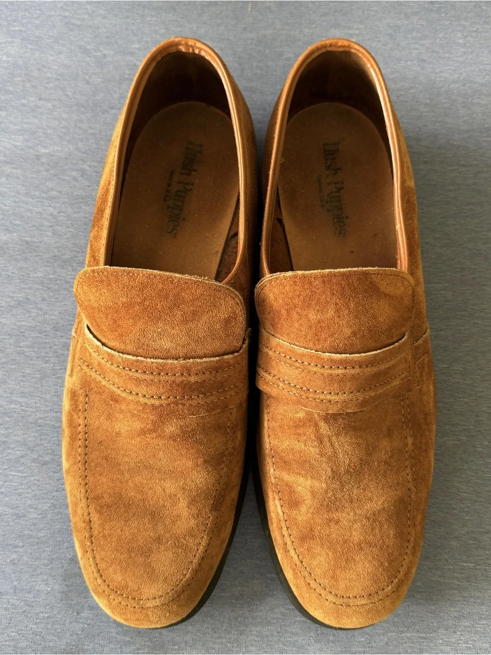 Vintage Hush Puppies Mens Tan Brown Suede Slip On Penny Loafers Made in USA 10.5